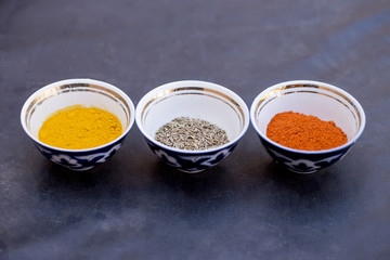 Top view of bowls with spices