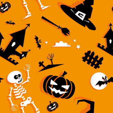 Seamless halloween background. Funny pumpkin, ghost, bat, scary tree, spider, crosses, skeleton, castle, moon, stars isolated on orange background. Vector illustration in flat paper applique style