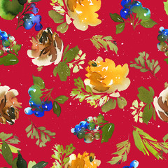 Obraz na płótnie Canvas Seamless watercolor Christmas pattern with berries and spruce