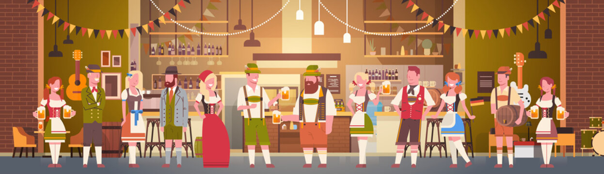 Group Of People Drink Beer In Bar Oktoberfest Party Celebration Man And Woman Wearing Traditional Clothes Fest Concept Flat Vector Illustration