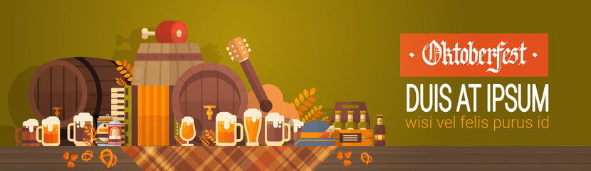 Oktoberfest Beer Festival Banner Wooden Barrel With Glass Mugs Holiday Decoration Poster Flat Vector Illustration