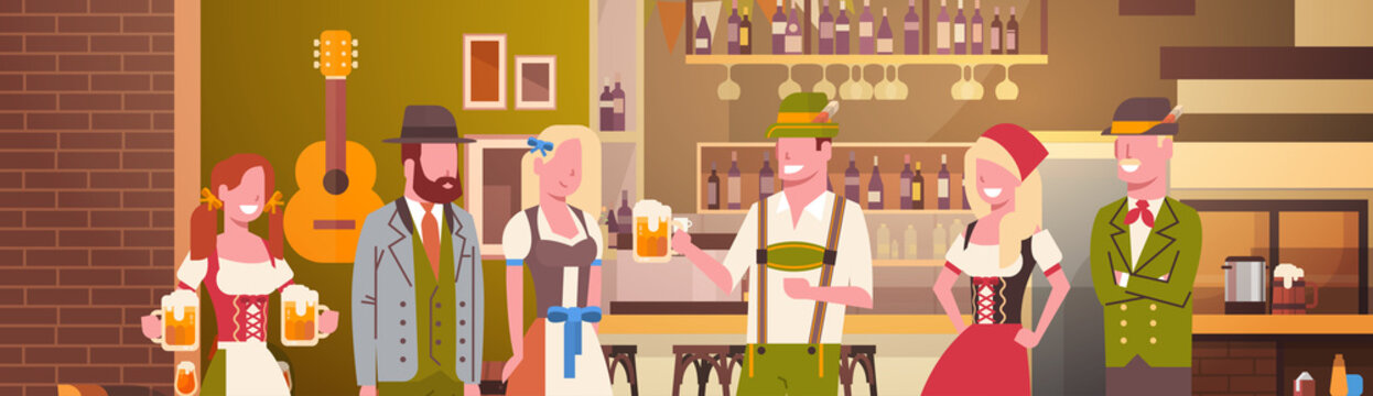 Group Of People Drink Beer In Bar Oktoberfest Party Celebration Man And Woman Wearing Traditional Clothes Fest Concept Flat Vector Illustration