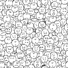 Fototapeta premium A collection of doodle faces with negative emotions, seamless pattern, black outlines, white background. Emoticons. Emotional icons. Vector illustration.