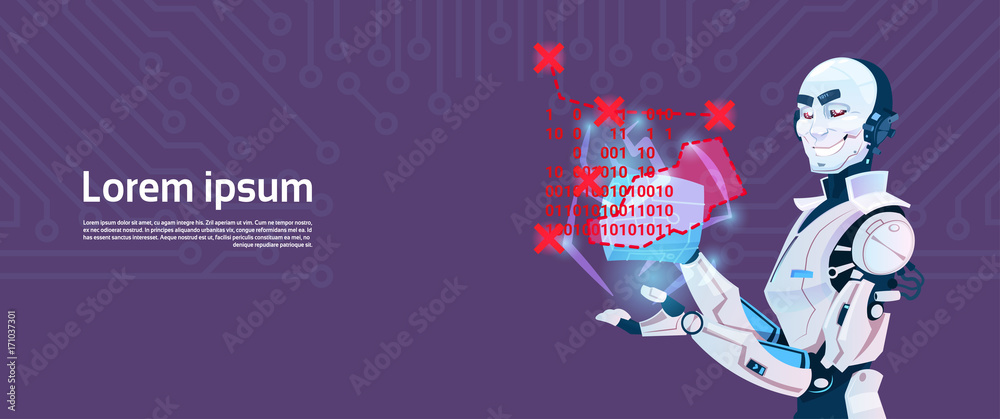 Poster modern robot coding, futuristic artificial intelligence mechanism technology flat vector illustratio