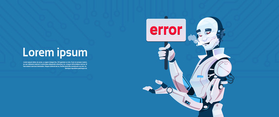 Modern Robot Show Error Message, Futuristic Artificial Intelligence Mechanism Technology Flat Vector Illustration
