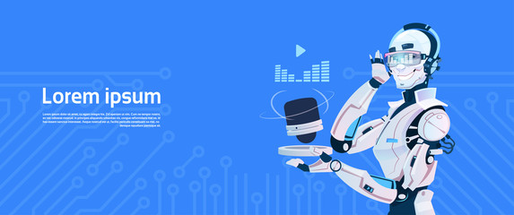 Modern Robot Listen Music Radio, Futuristic Artificial Intelligence Mechanism Technology Flat Vector Illustration