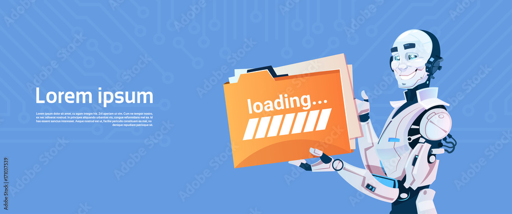 Poster modern robot hold loading file folder, futuristic artificial intelligence mechanism technology flat 