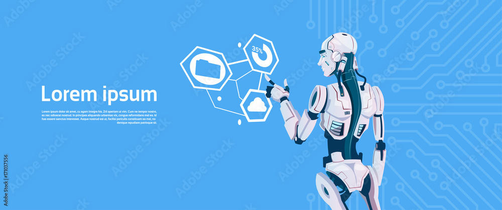 Poster modern robot using digital touchscreen monitor, futuristic artificial intelligence mechanism technol