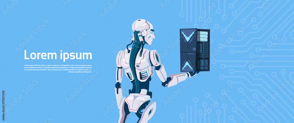 Poster modern robot hold cloud database server, futuristic artificial intelligence mechanism technology fla