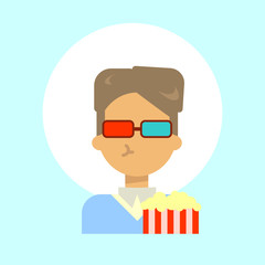 Male Wearing 3d Glasses With Popcorn Emotion Profile Icon, Man Cartoon Portrait Happy Smiling Face Vector Illustration