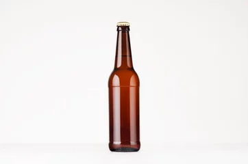 Foto auf Leinwand Brown longneck beer bottle mock up. Template for advertising, design, branding identity on white wood table. © finepoints