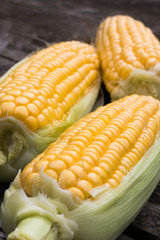 Yellow Sweet Corn cob on a patina wood surface