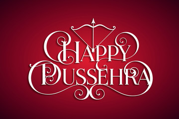 White text calligraphic inscription Happy Dussehra festival Indian with bow and arrow with a shadow on a red background. Vector illustration