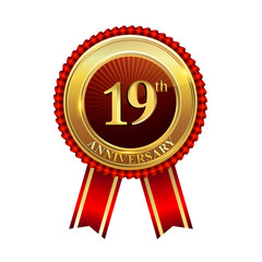 19 years anniversary golden badge with red ribbons isolated on white background, vector design for greeting card, banner and invitation card.