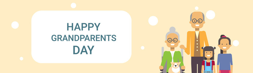 Happy Grandparents Day Greeting Card Banner Grandfather And Grandmother With Grandchildren Together Vector Illustration
