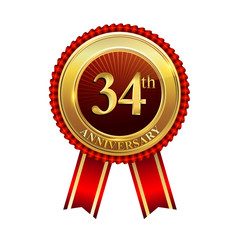 34 years anniversary golden badge with red ribbons isolated on white background, vector design for greeting card, banner and invitation card.