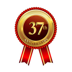 37 years anniversary golden badge with red ribbons isolated on white background, vector design for greeting card, banner and invitation card.