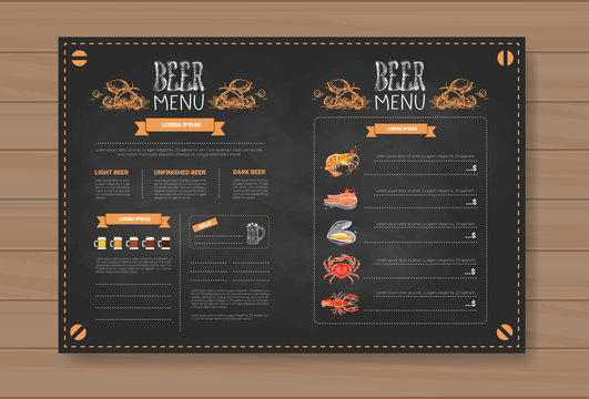 Beer And Sea Food Menu Design For Restaurant Cafe Pub Chalked On Wooden Textured Background Vector Illustration