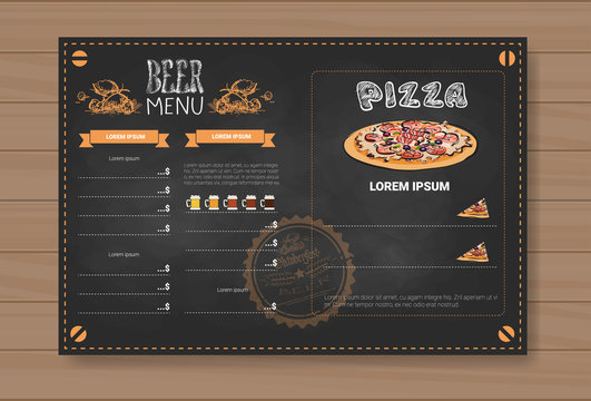 Beer And Pizza Menu Design For Restaurant Cafe Pub Chalked On Wooden Textured Background Vector Illustration