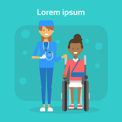 Medical Doctor With Young Woman On Wheel Chair Happy African American Female Disabled Smiling Sit On Wheelchair Disability Concept Flat Vector Illustration
