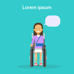 Young Woman On Wheel Chair Happy Female Disabled Smiling Sit On Wheelchair Disability Concept Flat Vector Illustration