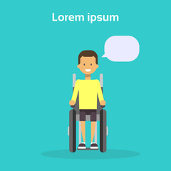 Young Man On Wheel Chair Happy Male Disabled Smiling Sit On Wheelchair Disability Concept Flat Vector Illustration