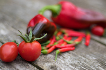 From the Allotment. Chilli, Tomato and Peppers on Textured Wood