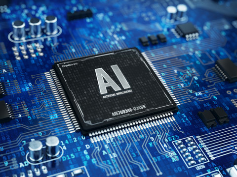 AI, Artificial Intelligence concept - Computer chip microprocessor with AI sign and binary code. 3d rendering