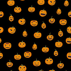 Seamless halloween pattern with carved pumpkinst. Jack-o-lantern. Vector illustration, isolated on black background. Fabric print design.