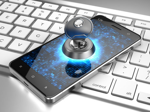 Cyber security, information privacy concept - Phone with Key on computer keyboard. 3d rendering