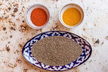 Composed bowls with various spices