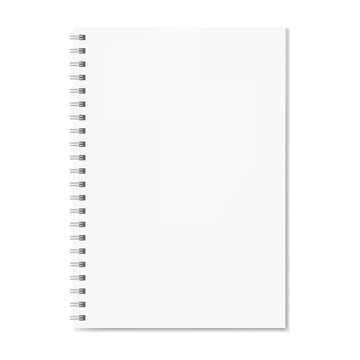 Realistic spiral notebook mockup, copybook blank cover. Clear note book front page ore clean page with shadow
