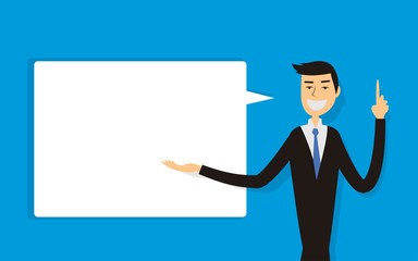 Businessman in suit. Business concept with icons.Flat design vector illustration isolated on blue background