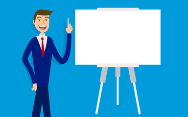 Businessman in suit. Business concept with icons.Flat design vector illustration isolated on blue background