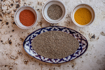 Composed bowls with various spices