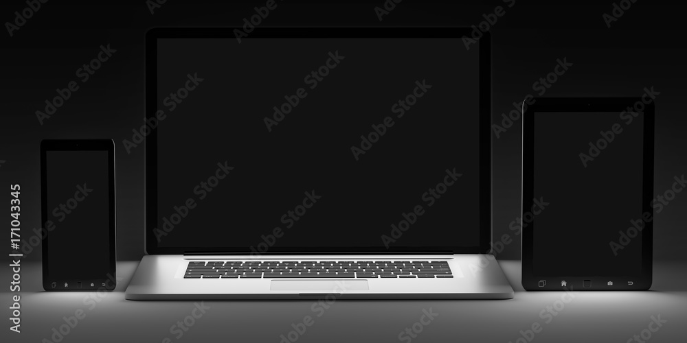 Aufkleber dark modern computer laptop mobile phone and tablet 3d rendering