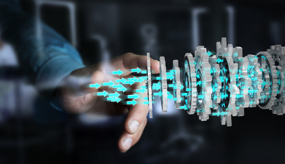 Businessman using floating modern gear mechanism 3D rendering