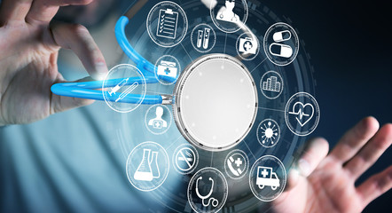 Businessman holding and touching floating stethoscope 3D rendering