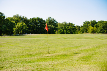 Obraz premium Green golf course with a hole and a flag