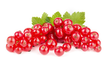 Red currant berries with leaf isolated on white background