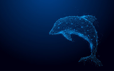 Wireframe dolphin mesh from a starry on blue background