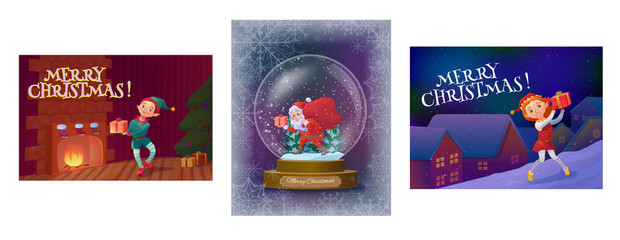 Christmas greeting cards collection with elf boy near fireplace with tree, santa in snowglobe and elf girl on the roof, cartoon characters set, winter holidays background, vector illustration