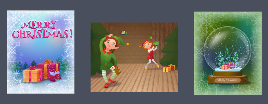 Christmas greeting cards collection with elves playing and packing gifts, snowglobe and presents in the woods, cartoon characters set, winter holidays background, vector illustration