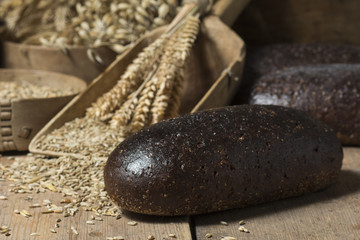 Bread background. Brown and white whole grain loaves composition on rustic wood with wheat ears scattered around  
