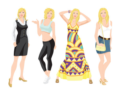 Vector illustration of woman character in different clothes for office and everyday