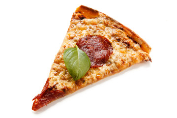 Piece of pizza salami on white background 