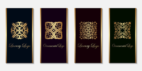 Logo design templates set with golden gradient on dark background. For luxury products, emblems, packaging.