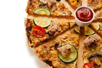 Pizza with tuna on white background 
