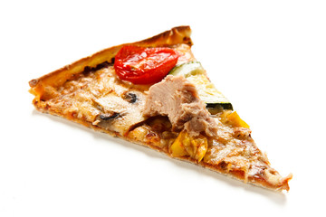 Piece of pizza with tuna on white background 