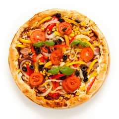 Pizza with ham and vegetables on white background 